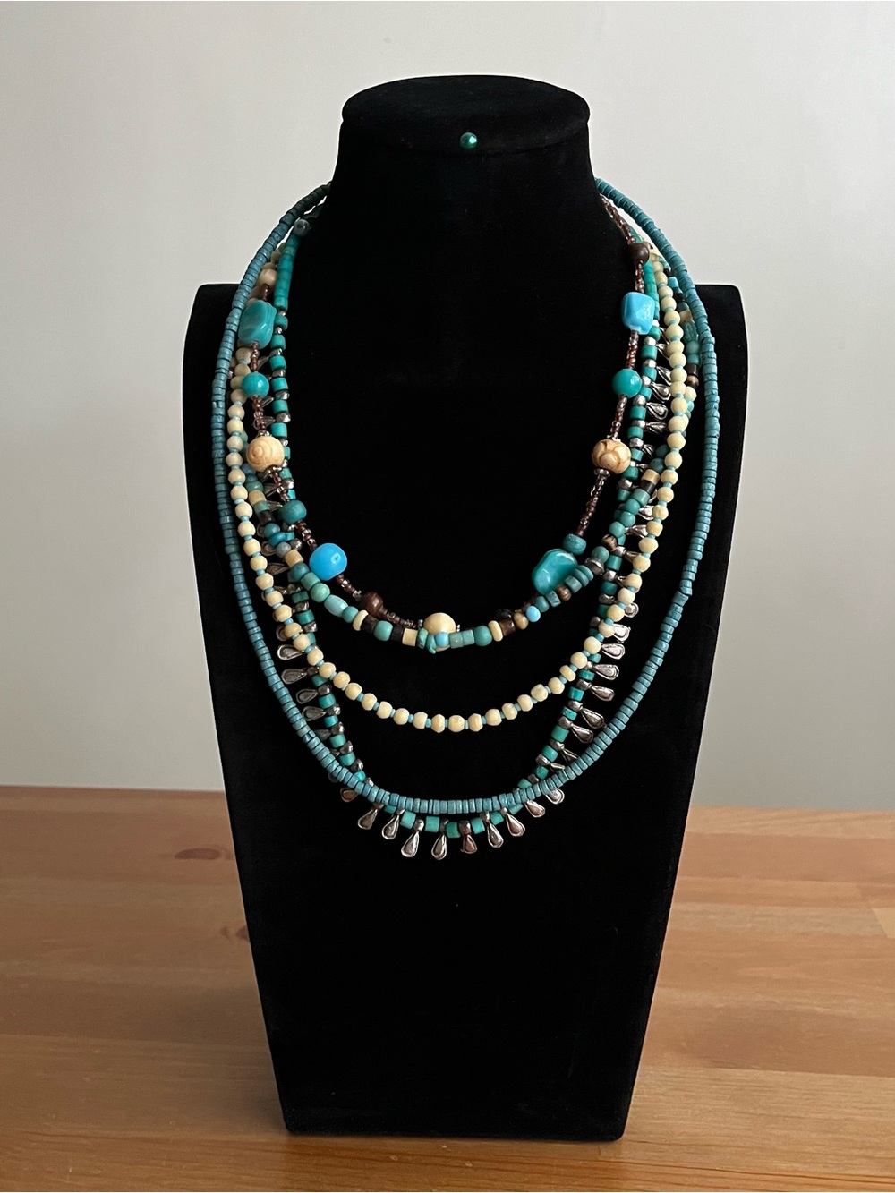 Multi strand stone glass necklace with clip on dangle earrings jewelry set boho - Picture 5 of 8